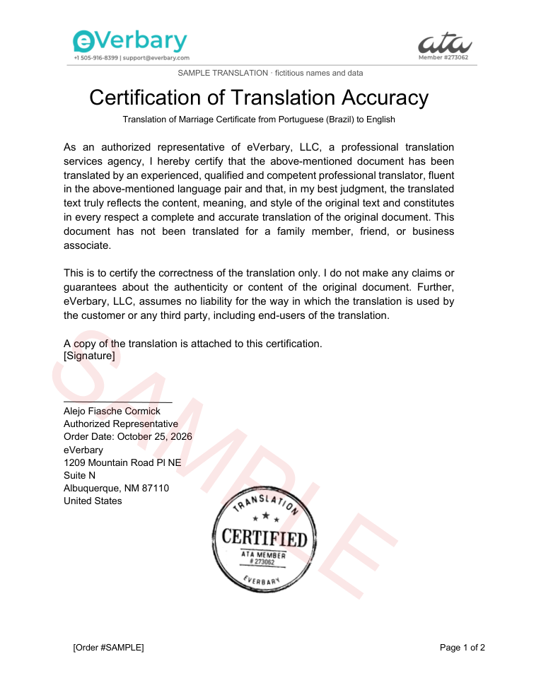 Sample Certificate of Translation Accuracy for a Brazilian marriage certificate with a divorce annotation (Portuguese to English)