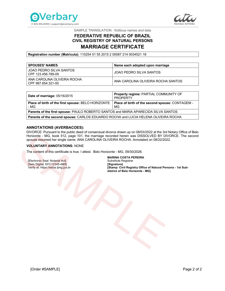 Sample certified translation of a Brazilian marriage certificate with a divorce annotation (Portuguese to English)