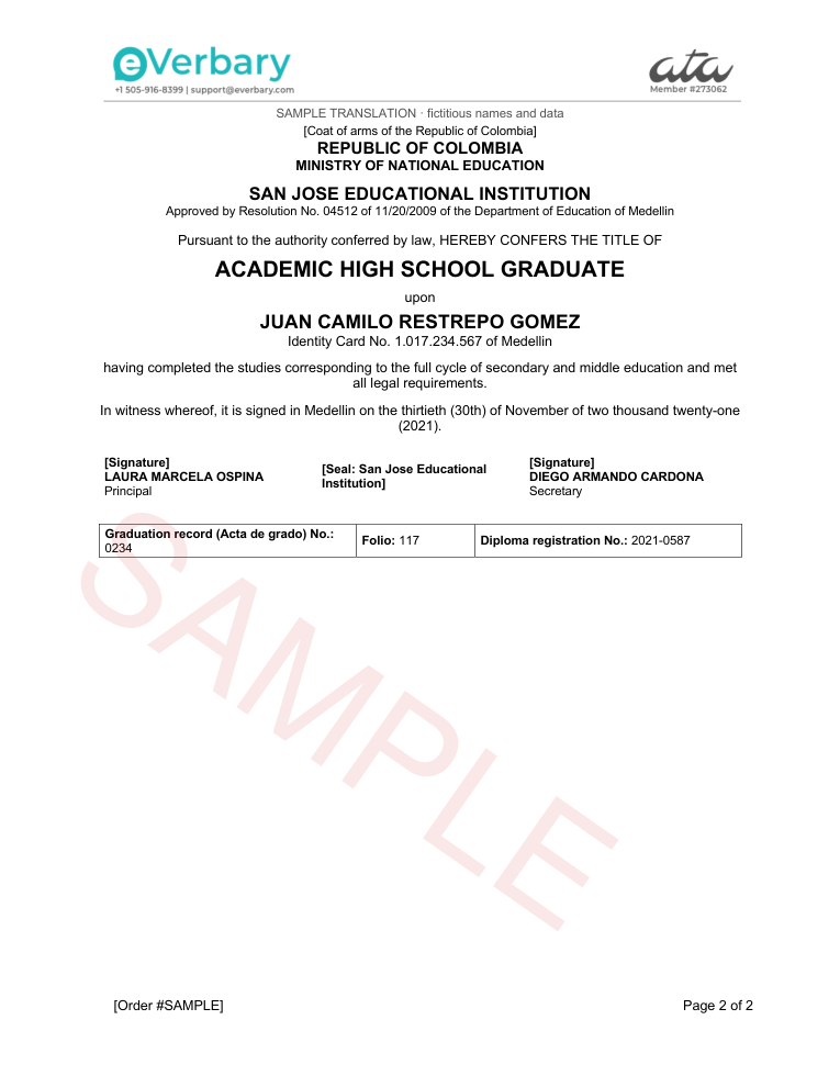 Sample certified translation of a Colombian high school diploma (Spanish to English)