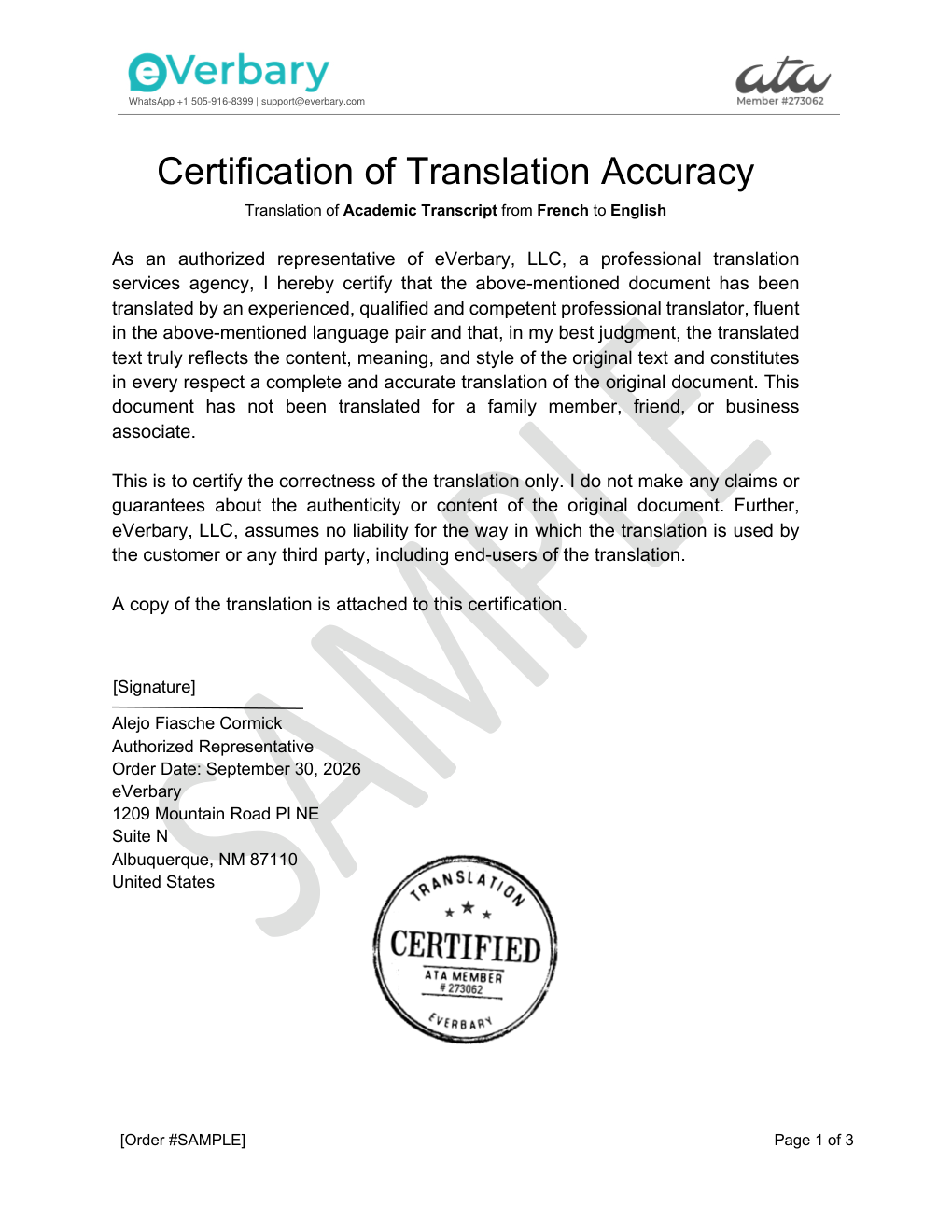 Sample Certificate of Translation Accuracy for a Congolese secondary school transcript