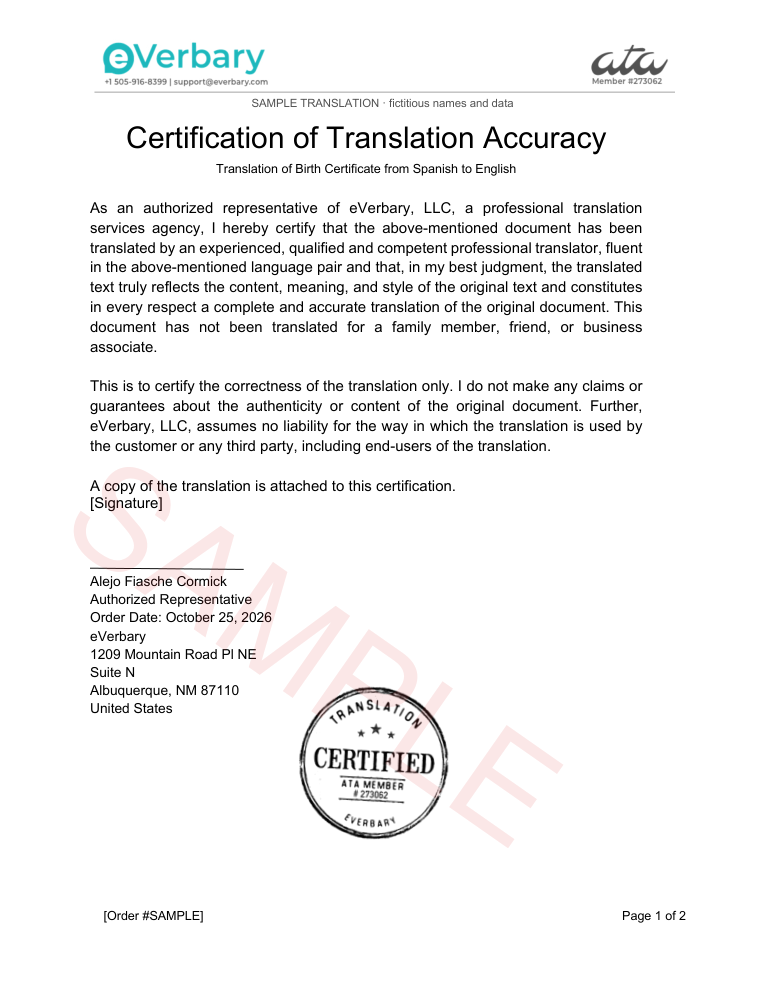 Sample Certificate of Translation Accuracy for a Mexican birth certificate (Spanish to English)