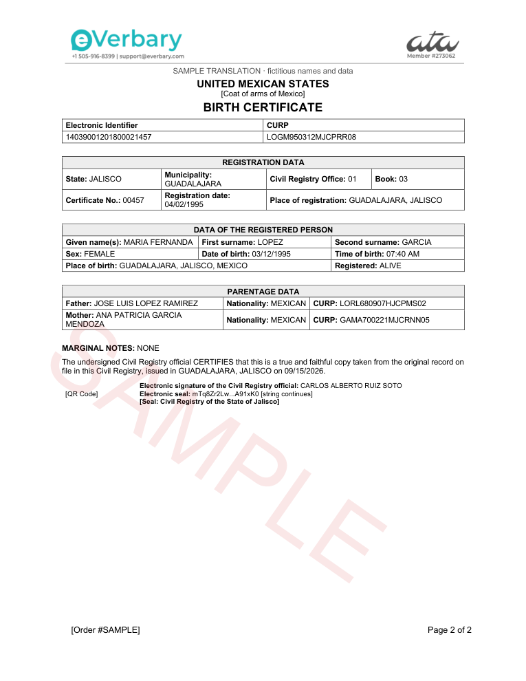 Sample certified translation of a Mexican birth certificate (Spanish to English)